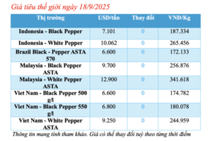 Giá tiêu hôm nay 18/9/2025: Trong nước giảm nhẹ