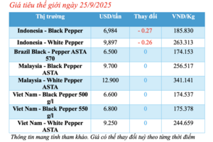 Giá tiêu hôm nay 25/9/2025: Tiếp tục tăng nhẹ