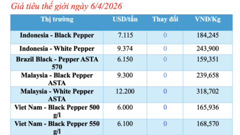Giá tiêu hôm nay 6/4/2026: Duy trì ổn định, cao nhất 139.000 đồng/kg
