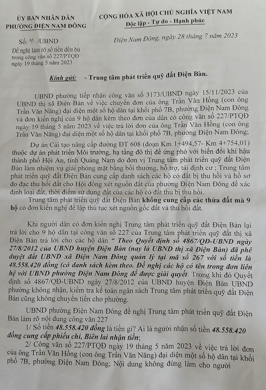 Làm rõ việc nhận tiền đền bù dự án mở rộng tỉnh lộ 608