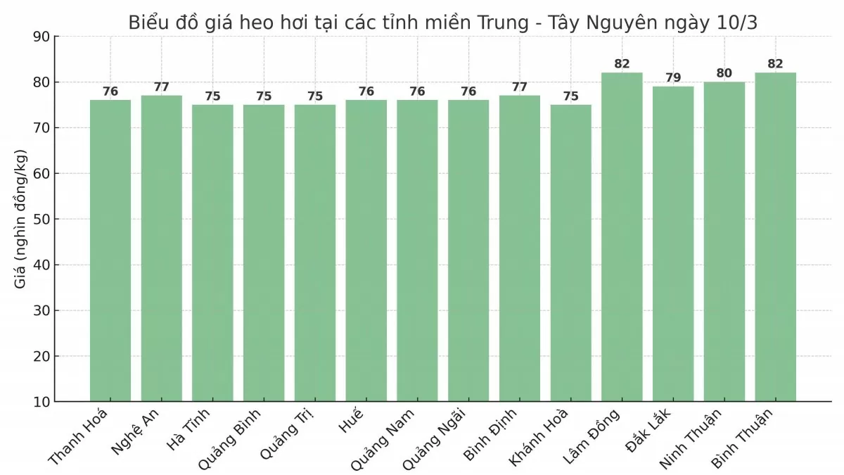 Biểu đồ giá heo hơi tại các tỉnh miền Trung - Tây Nguyên ngày 10/3.