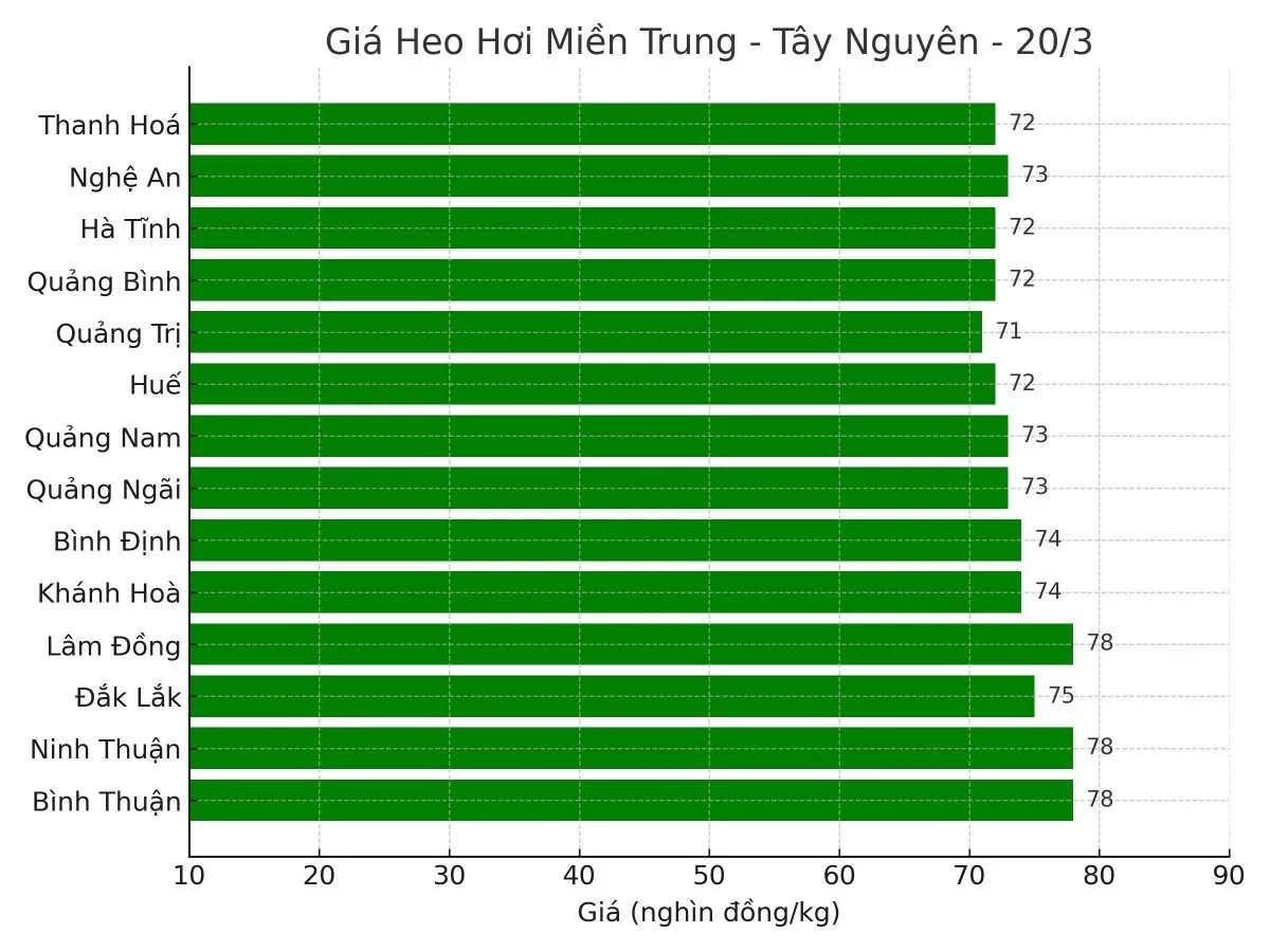 Biểu đồ giá heo hơi tại các tỉnh miền Trung - Tây Nguyên ngày 20/3.