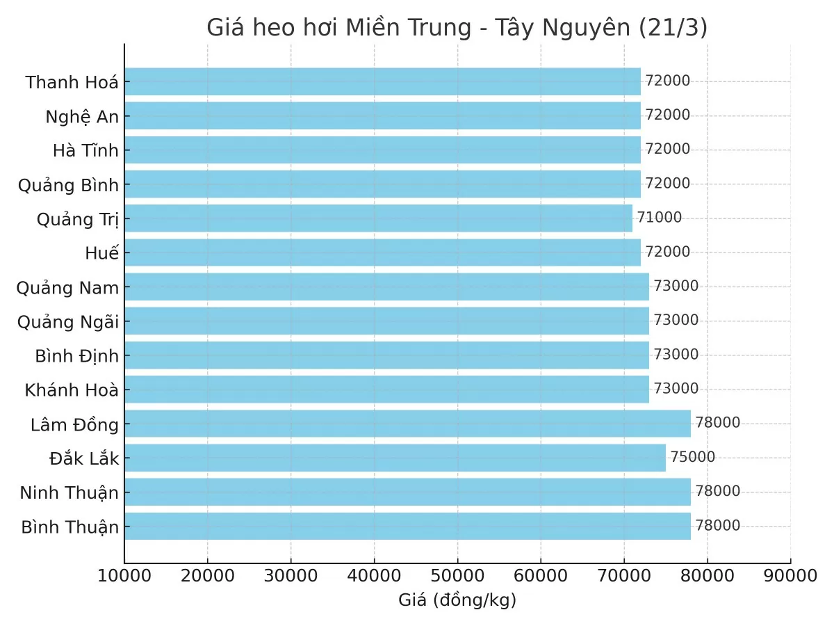 Biểu đồ giá heo hơi tại các tỉnh miền Trung - Tây Nguyên ngày 21/3.