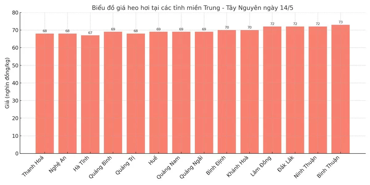 Biểu đồ giá heo hơi tại các tỉnh miền Trung - Tây Nguyên ngày 14/5.