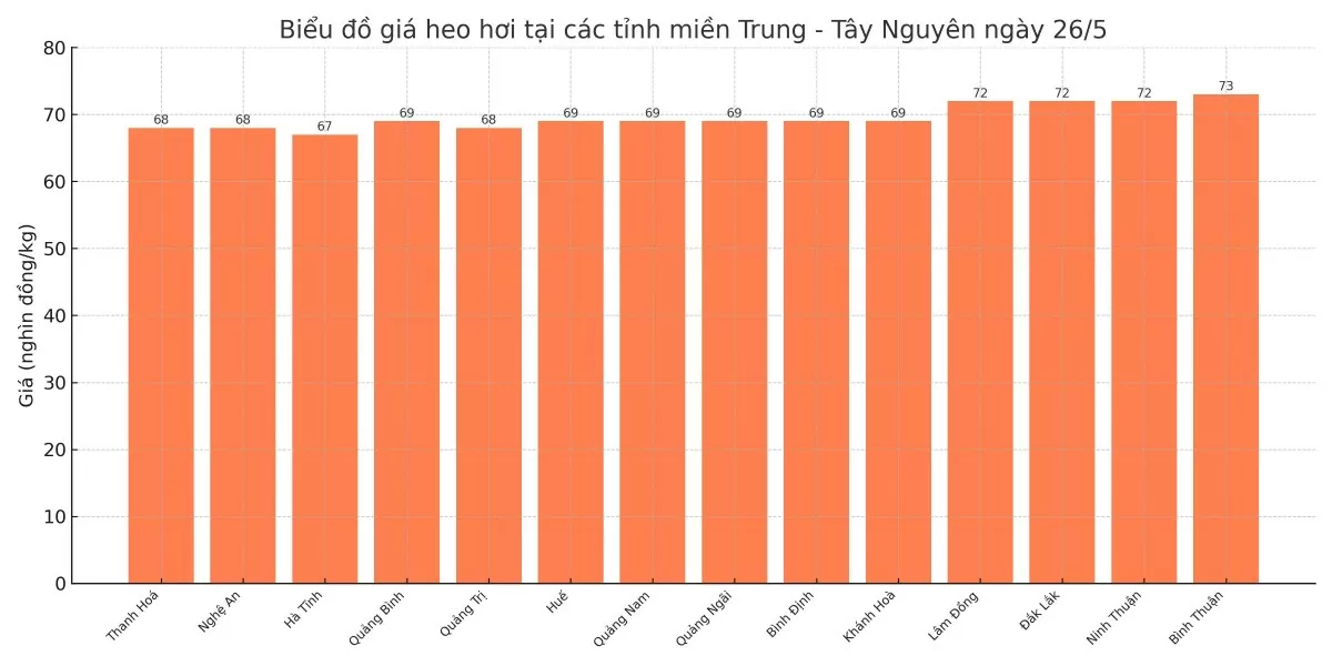 Biểu đồ giá heo hơi tại các tỉnh miền Trung - Tây Nguyên ngày 26/5. Biểu đồ giá heo hơi tại các tỉnh miền Trung - Tây Nguyên ngày 26/5.