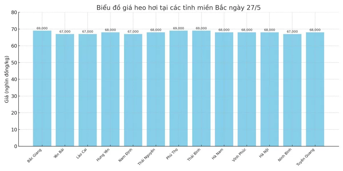 Biểu đồ giá heo hơi tại các tỉnh miền Bắc ngày 27/5.