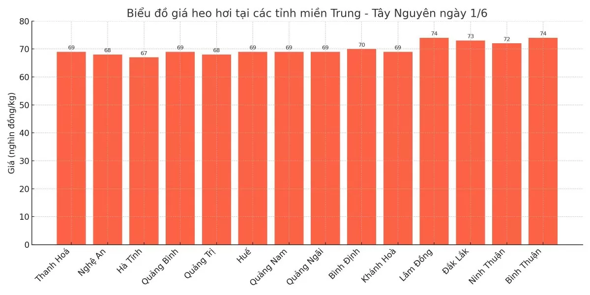 Biểu đồ giá heo hơi tại các tỉnh miền Trung - Tây Nguyên ngày 1/6. Biểu đồ giá heo hơi tại các tỉnh miền Trung - Tây Nguyên ngày 1/6.