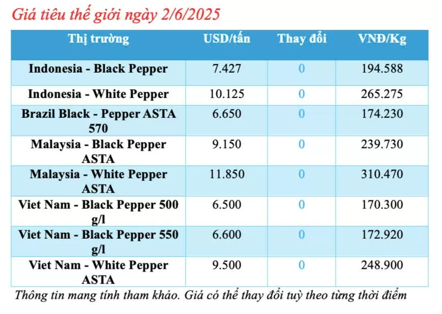Giá tiêu hôm nay 2/6/2025: thị trường đi ngang Giá tiêu hôm nay 2/6/2025: thị trường đi ngang