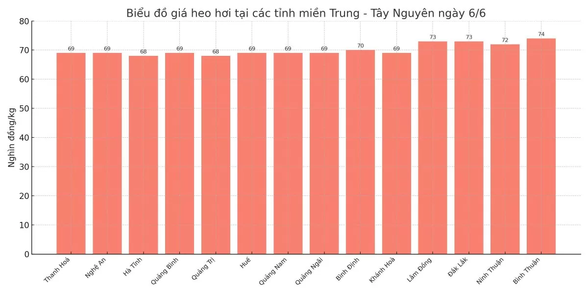 Biểu đồ giá heo hơi tại các tỉnh miền Trung - Tây Nguyên ngày 6/6.