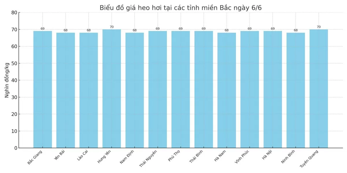 Biểu đồ giá heo hơi tại các tỉnh miền Bắc ngày 6/6.