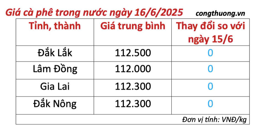 Bảng giá cà phê trong nước cập nhật sáng ngày 16/6/2025
