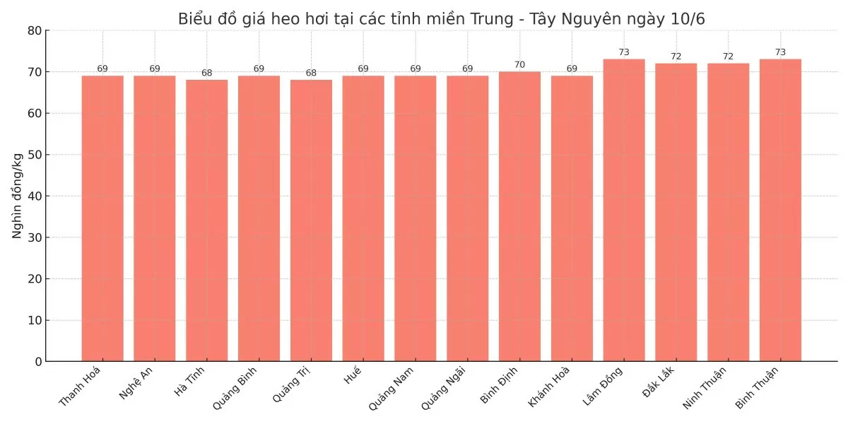Biểu đồ giá heo hơi tại các tỉnh miền Trung - Tây Nguyên ngày 10/6.