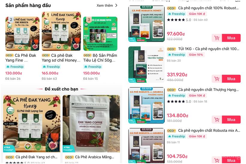 Các gian hàng nông sản Gia Lai trên sàn thương mại TikTok Shop. (Ảnh chụp màn hình)