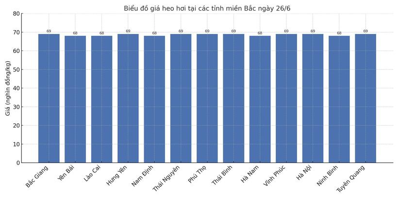 Biểu đồ giá heo hơi tại các tỉnh miền Bắc ngày 26/6.