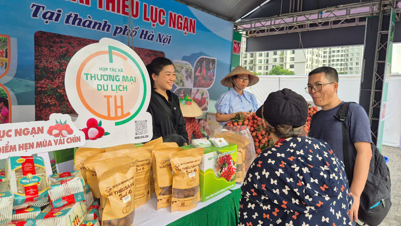 Người dân Thủ đô mua vải thiều Lục Ngạn trong chương trình "Tuần lễ vải thiều Lục Ngạn” diễn ra tại Hà Nội từ 3-8/7