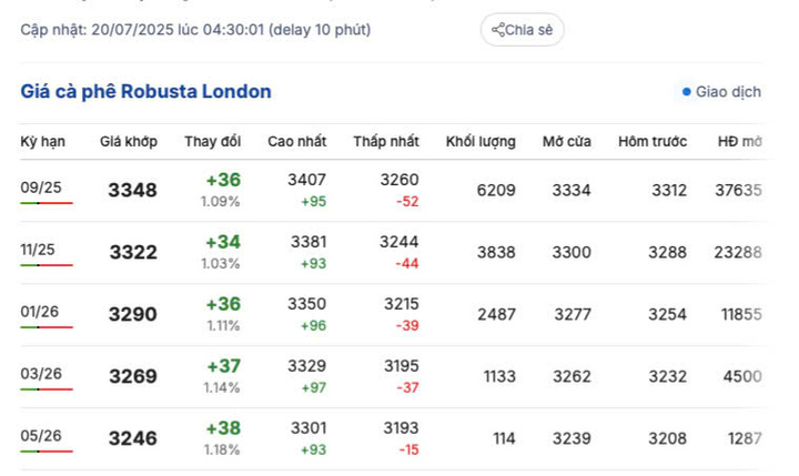 Giá cà phê Robusta London sáng ngày 20/7/2025