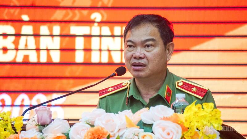 Thiếu tướng Phan Thanh Tám, Giám đốc Công an tỉnh Đắk Lắk phát biểu tại buổi lễ. Ảnh: HN