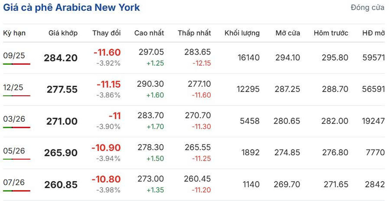 Giá cà phê Arabica New York sáng ngày 4/8/2025