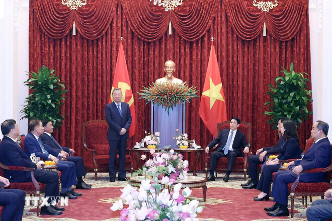 Tổng Bí thư Tô Lâm và Chủ tịch nước Lương Cường tại Trụ sở làm việc Cơ quan Chủ tịch nước. Ảnh: Thống Nhất/TTXVN