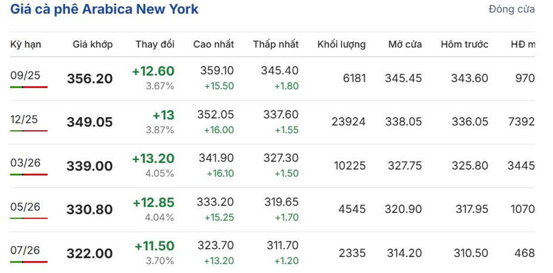 Giá cà phê Arabica New York sáng ngày 20/8/2025