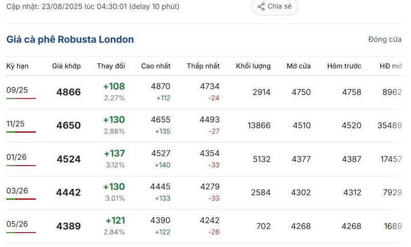 Giá cà phê Robusta London sáng ngày 23/8/2025
