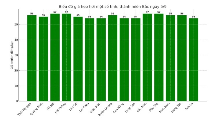 Biểu đồ giá heo hơi một số tỉnh, thành miền Bắc ngày 5/9.
