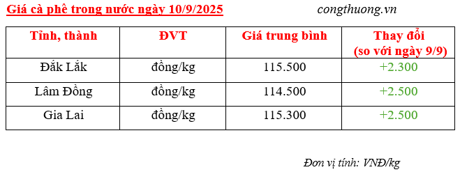 Bảng giá cà phê trong nước sáng ngày 10/9/2025