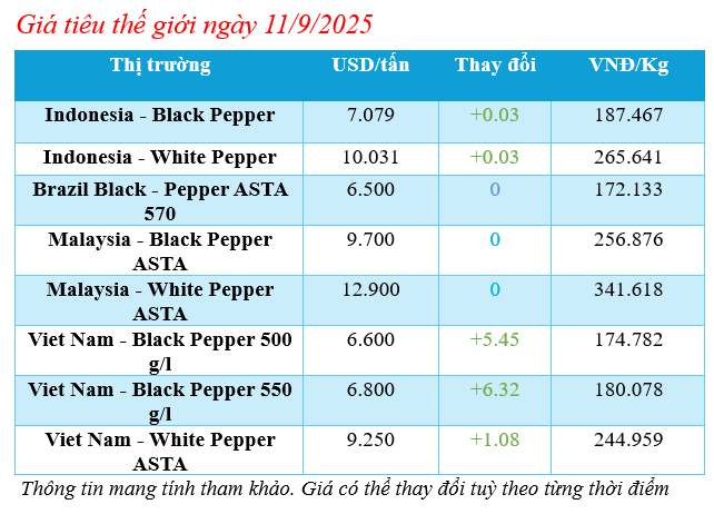 Cập nhật giá tiêu thế giới sáng ngày 11/9/2025