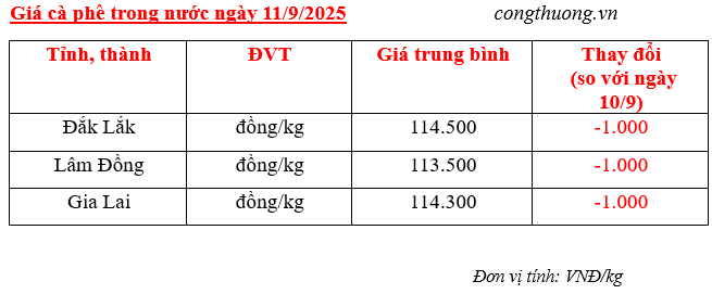 Bảng giá cà phê trong nước sáng ngày 11/9/2025