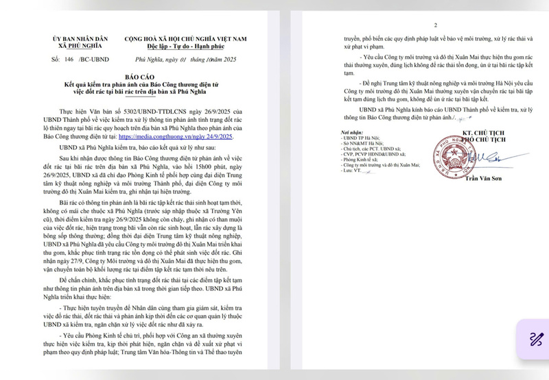 Báo cáo kết quả kiểm tra của UBND xã Phú Nghĩa.