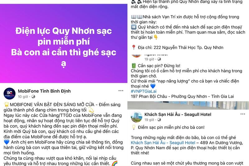 Nhiều cửa hàng, doanh nghiệp và cả công ty viễn thông liên tục đăng thông báo mời người dân đến sạc pin miễn phí.