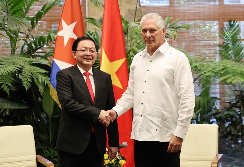 Phó Thủ tướng Chính phủ Hồ Quốc Dũng gặp Bí thư thứ nhất, Chủ tịch Cuba Miguel Díaz-Canel - Ảnh: VGP/Gia Huy