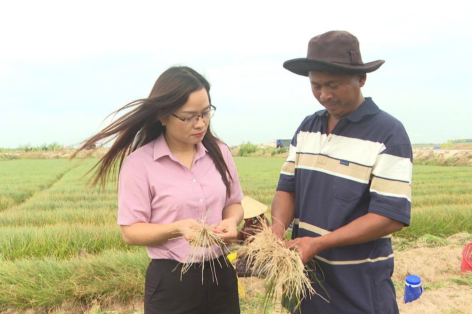 Bà Trần Thị Hương Chi, Chủ tịch Hội nông dân xã Sơn Mỹ trao đổi chất lượng kiệu với anh Nguyễn Văn Bình
