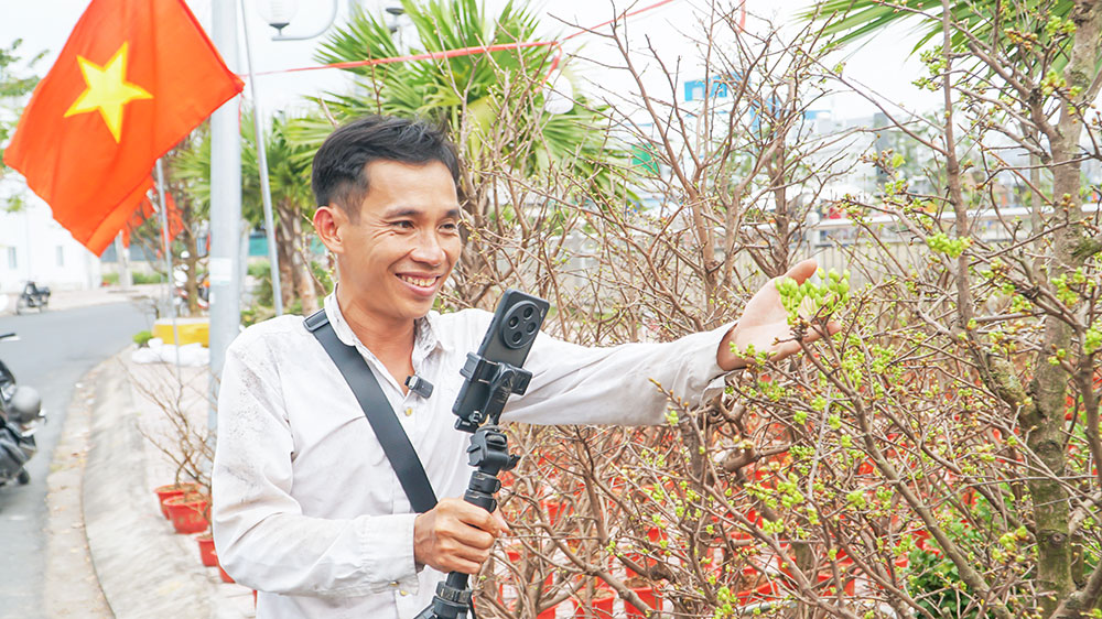 Anh Nguyễn Văn Cường (ấp Phú Hưng, xã Chợ Lách) giới thiệu mai vàng qua các phiên livestream, giúp sản phẩm tiếp cận khách hàng ở nhiều tỉnh, thành.