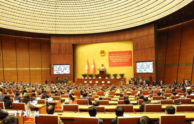 Hội nghị toàn quốc nghiên cứu, học tập, quán triệt và triển khai thực hiện Nghị quyết số 79-NQ/TW về phát triển kinh tế nhà nước và Nghị quyết số 80-NQ/TW về phát triển văn hóa Việt Nam của Bộ Chính trị. Ảnh: TTXVN