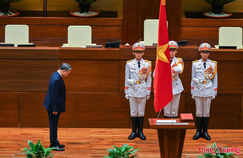 Dưới cờ đỏ sao vàng thiêng liêng của Tổ quốc, trước Quốc hội, đồng bào và cử tri, Chủ tịch nước Cộng hòa xã hội chủ nghĩa Việt Nam Tô Lâm tuyên thệ.