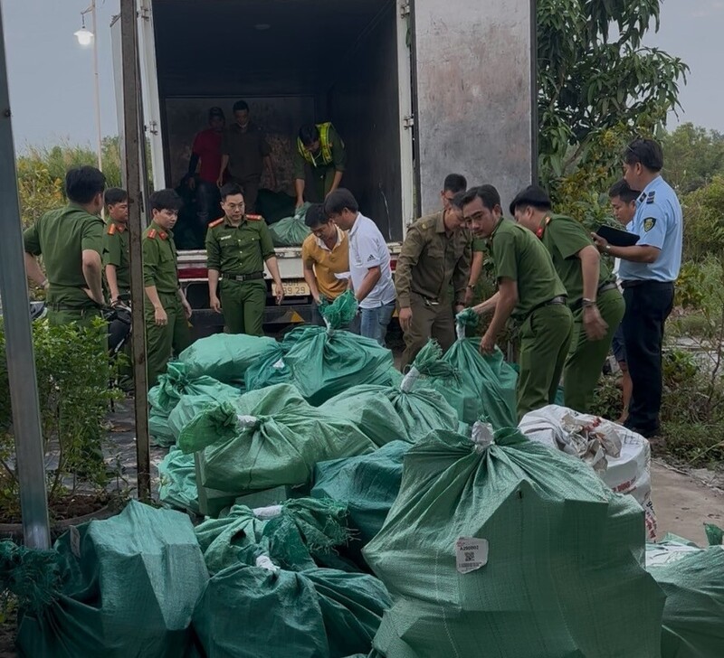 Lực lượng liên ngành kiểm tra đột xuất cơ sở VNT (ấp Cái Rô, xã Tân Hưng) phát hiện 4.046 kg mỹ phẩm dạng kem không hóa đơn, chứng từ chứng minh nguồn gốc xuất xứ, tổng trị giá hàng hóa là hơn 336 triệu đồng. Ảnh: DMS Cà Mau