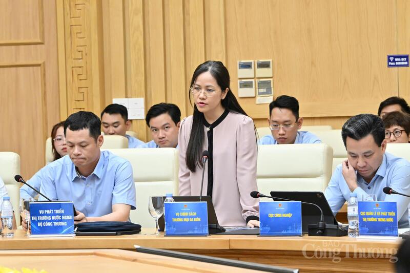 Phó Vụ trưởng Vụ Chính sách thương mại đa biên Nguyễn Việt Chi chia sẻ tại buổi làm việc. Ảnh: Cấn Dũng