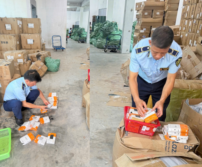 Lực lượng Quản lý thị trường Hà Nội phối hợp với Công an xã Phúc Thịnh tiến hành kiểm tra một cơ sở kinh doanh tại xã Phúc Thịnh, Thành phố Hà Nội, phát hiện gần 30.000 sản phẩm có dấu hiệu giả mạo nhãn hiệu. Ảnh: Chi cục Quản lý thị trường Thành phố Hà Nội