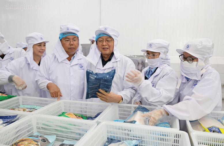 Phó Thủ tướng Hồ Quốc Dũng thăm quy trình sản xuất của Công ty Cổ phần Xuất nhập khẩu thuỷ sản Cửu Long An Giang - Ảnh: VGP/Gia Huy